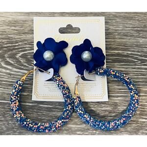 Navy Glitter Hoops & Flower Stud Earrings Set of 2
